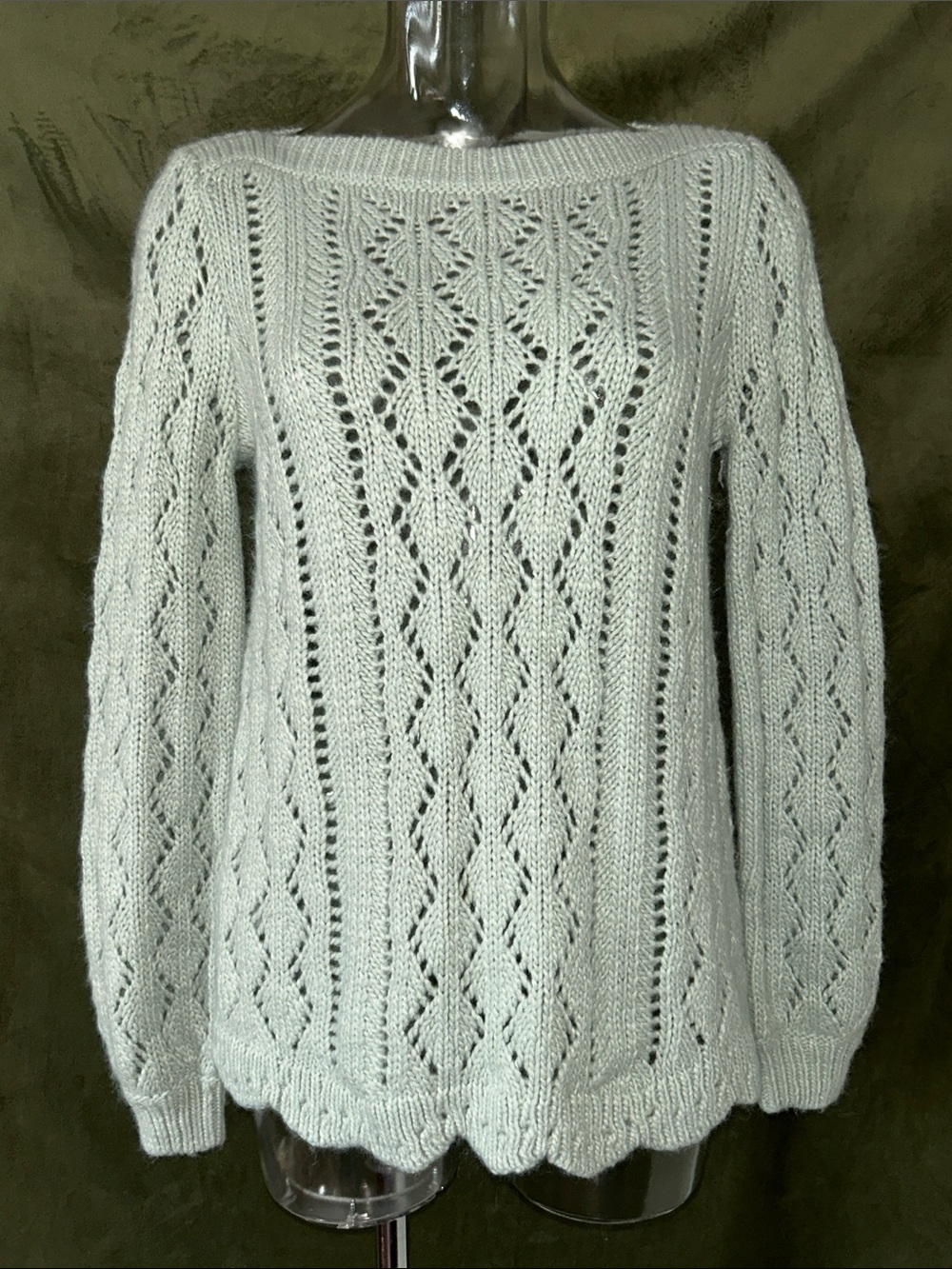 LOFT Light Mint Openwork Cable Knit Boatneck Sweater